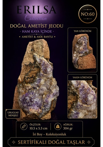 Sertifikalı Doğal Ametist Jeodu Akik Bantlı Kristal Kuvars Kaya F 37650544