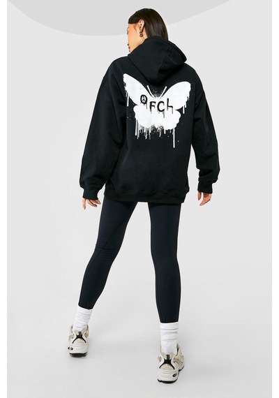 Siyah Butterfly Oversize Sweatshirt - Baskılı Oversize Kapüşonlu Siyah