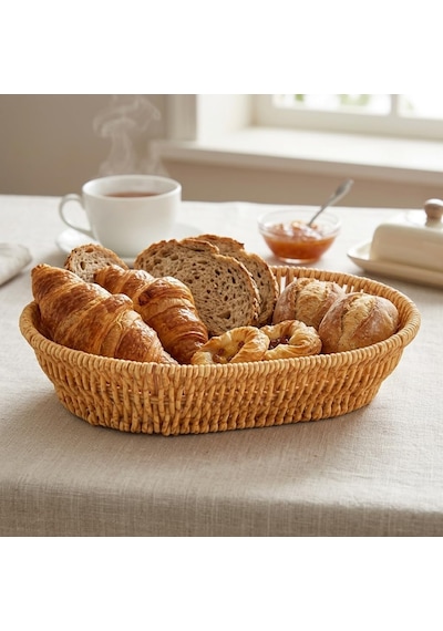 El Yapımı Doğal Hasır Sepet - Oval Ekmeklik Ve Çok Amaçlı Düzenleyici 25,50x18x6 Cm Çok Renkli
