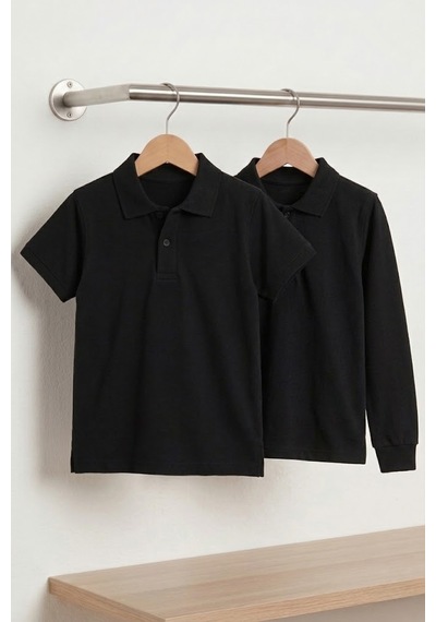 Nacar Store Unisex Çocuk Uzun Ve Kısa Kollu Polo Yaka Okul Tişörtü 2'li Set Siyah