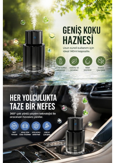 Araç İçi Hava Nemlendirici Ve Koku Difüzörü Usb Şarjlı Sessiz Çalışma 140 Ml Siyah