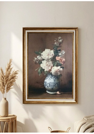 Vintage Gold Çerçeveli Tablo - Mavi Beyaz Vazoda Güller - 60x80 Cm