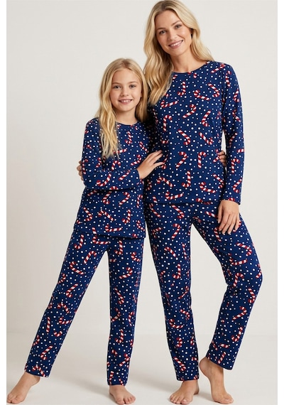 Siyah İnci %100 Pamuklu Puanlı Şeker Baston Desenli Yılbaşı Temalı Örme Pijama Takım Lacivert Puanlı Baston
