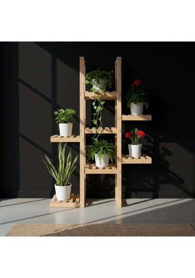 Modern Ahşap Saksılık Çiçeklik - 120 Cm Boyutunda 7 Katlı Merdiven Çiçeklik - Dekoratif Saksı Rafı Bej