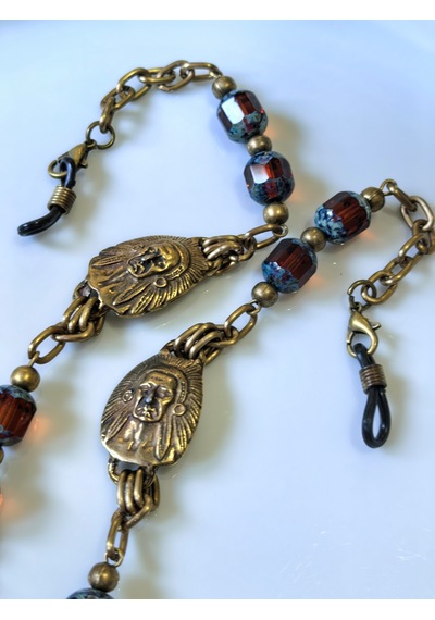 Etnik Figürlü Antik Gold Gözlük Zinciri Kristal Taşlı -thınblack Antik Altın