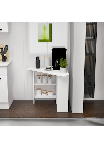 Corner Kahve Köşesi Çok Amaçlı Raflı Mutfak Masası, Beyaz Beyaz