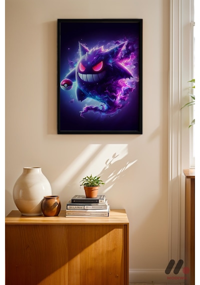 Pokemon Gengar Poster, Siyah Çerçeveli Duvar Tablosu - Anime Severlere Özel Hediye