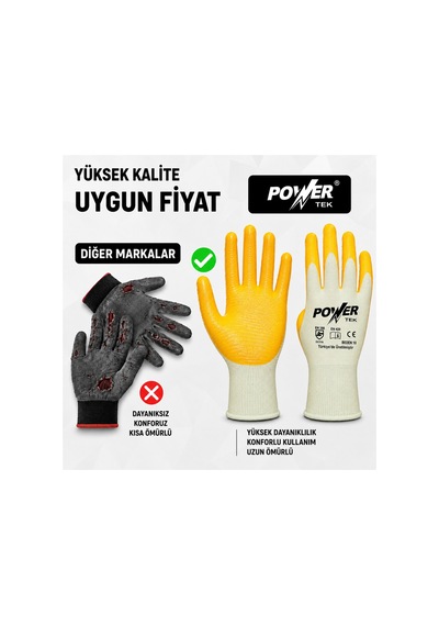 2 Çift Power Tek Nitril Kaplama İş Eldiveni Beden 10 Kaymaz Tutuşlu, Esnek, Dayanıklı İş Güvenliği Eldiveni