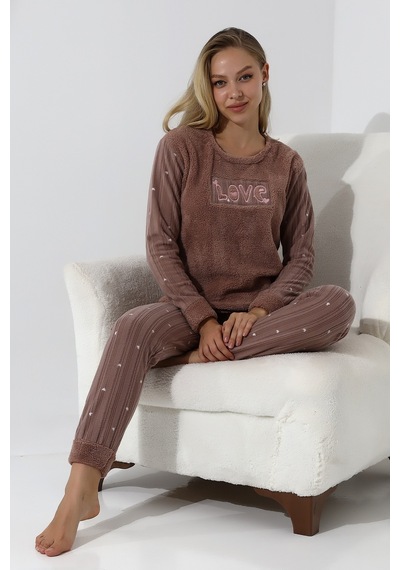 Wordex Fawn 5019 Peluş Welsoft Polar Kışlık Yumoş Kadın Pijama Takımı Love Vizon