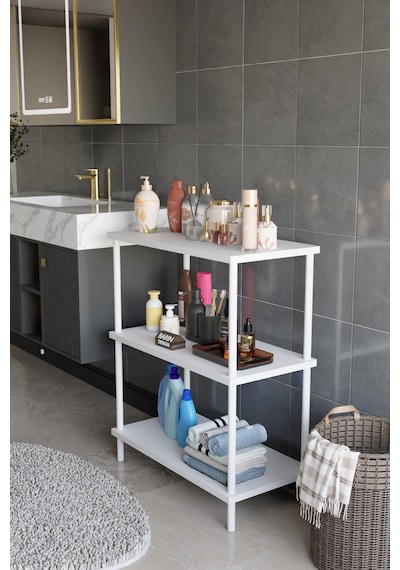3 Raflı Çevir Tak Beyaz Metal Gövdeli Çok Amaçlı Banyo Rafı Ve Organizer Raf Banyo Dolabı Beyaz