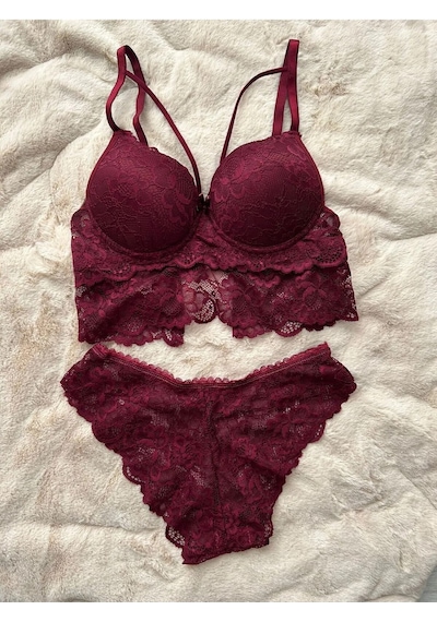 Kadın Mor Destekli Ip Detaylı Dantelli Dolgulu Bralet Takım,fantazi Sütyen,kilot,külot Mor
