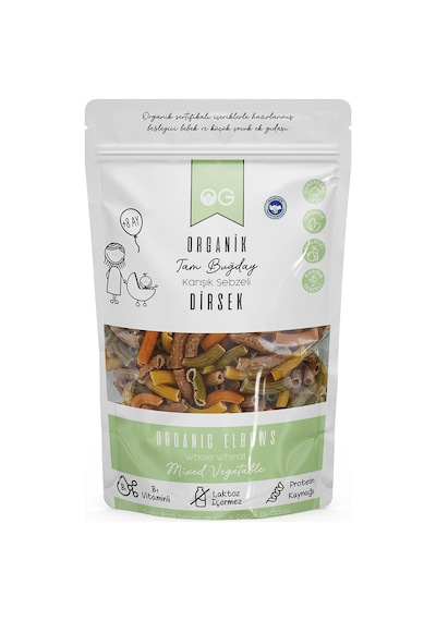 OG natural Organik Karışık Sebzeli Tam Buğday Dirsek Makarna 200 Gr +7ay