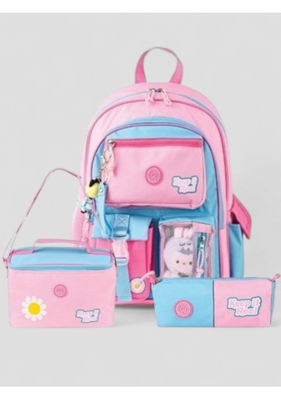 Muggle 2214 İthal Ürün Üst Kalite Unisex Çocuk Üçlü Set İlkokul Sırt Çantası Pembe