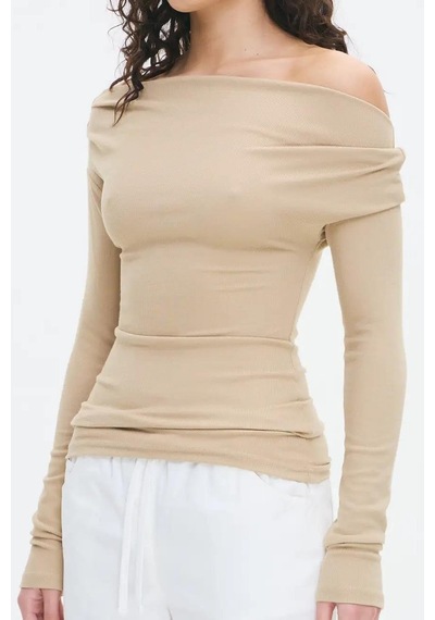 Madmext Bej Kadın Off Shoulder Uzun Kollu Bluz Mg2567 Bej
