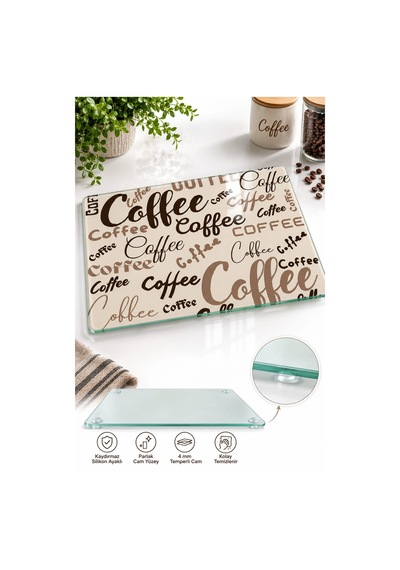 Gökçeoğlu Cam Kesme Tahtası Coffee Temalı - Cam Kesme Tablası 30cm X 40cm Çok Renkli