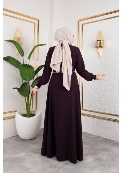 Nevayla Moda Yaka Ve Bel Nakış Detaylı Ferace - Mürdüm / F0143 Mürdüm