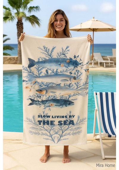 Unisex Desenli Baskılı Deniz Plaj Havlusu Balık 70x140 Cm Beyaz