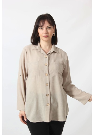 Moda Berray Bb-077 Bej Pamuk Keten Kolu Apoletli İki Cepli Kadın Büyük Beden Gömlek Bej