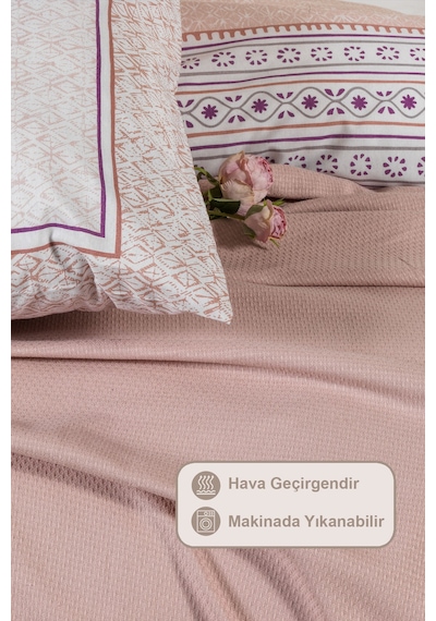 Elart Liya Nevresimli Pike Takımı Çift Kişilik Pamuklu 5 Parça 200x220 Cm Pudra Pudra