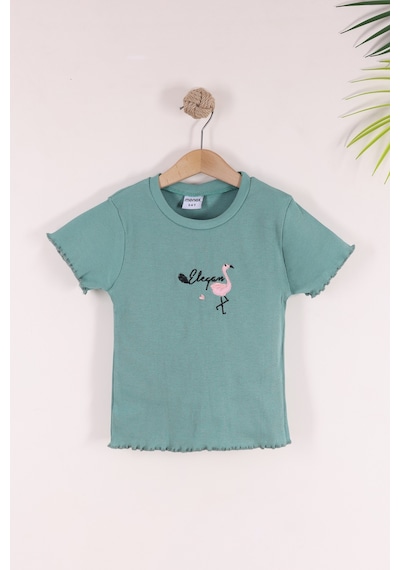 Monox 5-12 Yaş Kız Çocuk 3'lü Nakışlı Fitilli Tshirt Likralı Esnek Yazlık Body Set Taş Yeşil Nar