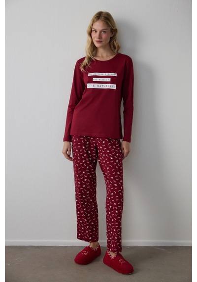 Penti Bordo Its Saturday Pantolon Pijama Takımı Kırmızı