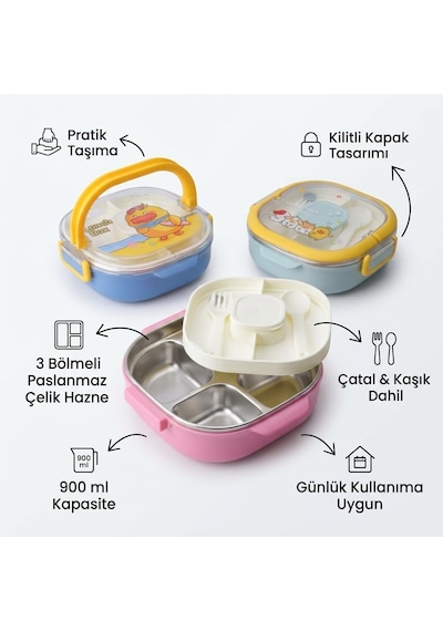 700 Ml Paslanmaz Çelik Yemek Kabı, 3 Bölmeli Kilitli Lunch Box, Çatal Kaşık Dahil Renkli Desenli Saklama Ve Taşıma Kabı Çok Renkli 30972413