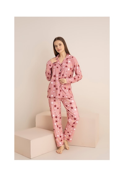 Rindahomewear Kadın Somon Yıldız Desenliyumuşak Dokulu Süet Düğmeli Pijama Takımı Somon Yıldız