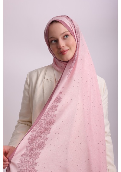 Ayshara Dantel Puan Desenli Tek Taraflı Şal - Pembe