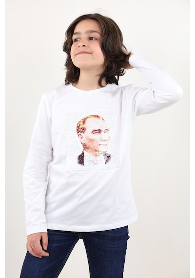 Toontoy Kids Toontoy Unisex Çocuk Atatürk Bayraklı Çift Taraflı Pullu Tişört Beyaz