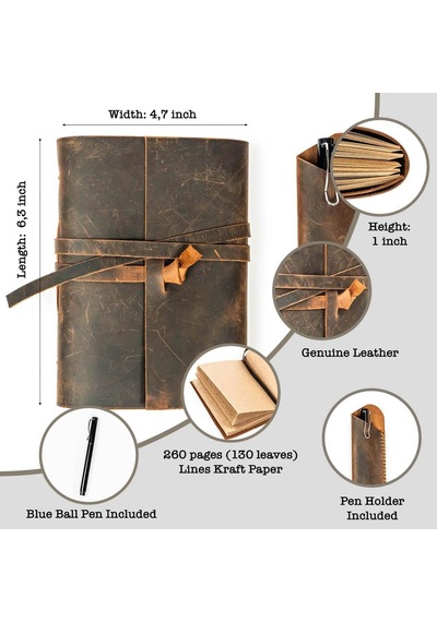 Hatıra Hakiki Deri Defter Günlük Erkekler Ve Kadınlar İçin 260 Kraft Çizgisiz Sayfalar El Yapımı Vintage Kahvere Genel