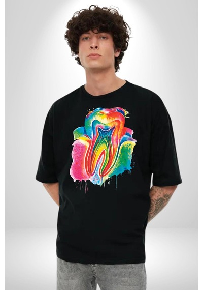 Diş Doktoru Diş Anatomisi Özel Tasarım Pamuklu Bisiklet Yaka Unisex Oversize Boyfriend Dijital Baskılı Siyah T-shirt Siyah