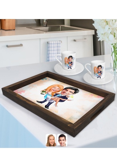 Kişiye Özel Evleniyoruz Karikatürlü Doğal Ahşap Tepsi Ve 2 Li Kahve Fincan Seti-4