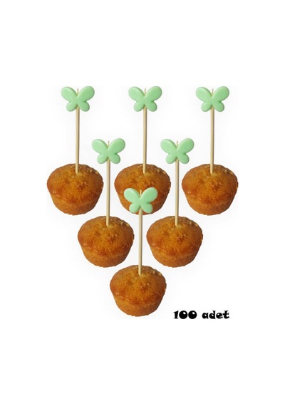 100 Adet Dekoratif Kelebek Boncuklu Pasta Kürdanı 6 Cm Yeşil - Kelebek 15 Mm