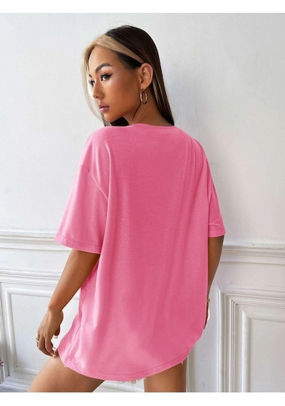 Pembe Oversize Aloha T-shirt - Oversize Baskılı Pembe