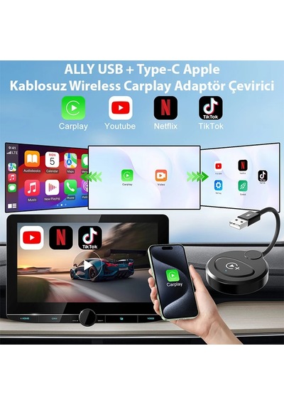 Usb+type-c Apple Kablosuz Wireless Carplay Adaptör Çevirici -youtube Netflix Tiktok Video Yansıtıcı- 5775 Siyah