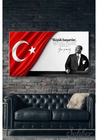 Türk Bayrağı Motifi Gazi Mustafa Kemal Atatürk Portresi Ve Bir Özlü Sözü Yatay Kanvas Tablo 4171 Çok Renkli
