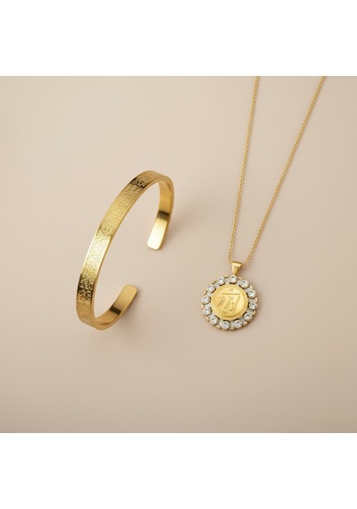 Taşlı Allah Yazılı Kolye Ve Ayetel Kürsi Bileklik Seti Gold Çelik İslami Takı Altın