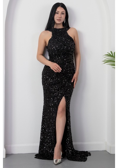 Kalopya Halter Yaka Yırtmaçlı Pulpayet Elbise Ecr5482 Siyah