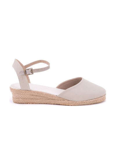 Star Tombis Gerçek Elişi Bej Topuğu Açık Bilekten Bantlı 3cm Dolgu Topuk Keten Hasır Espadril Handmade Bej