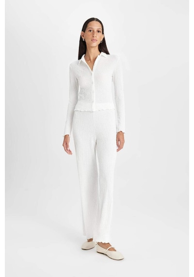 Defacto Regular Fit Beli Lastikli Basic Düz Bürümcük Pantolon D4415AX24AUER105 Ekru