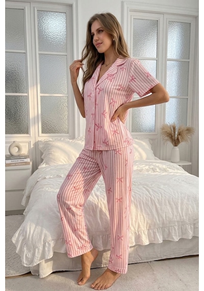 Bella Notte Pembe Soft Fiyonk Desenli Yazlık Pijama Takımı