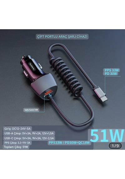 Sundaree 51w Karbon Fiber Yaylı Şarj Kablolu 2 Girişli Type-c Ve Usb Hızlı Ce Lisanslı Sertifkalı inal Sağlam Araç Şarjı Siyah Sundaree 51w Karbon Fiber Yaylı Şarj Kablolu 2 Girişli Type-c Ve Usb Hızlı Ce Lisanslı Sertifkalı inal Sağlam Araç Şarjı Siyah