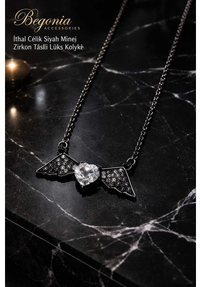 İthal Çelik Siyah Mineli Kolye Zincir Set Figürlü Zirkon Taş Paslanmaz Kararmaz Unisex 45cm+5cm Boy - 13 Siyah