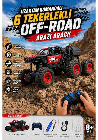 Uzaktan Kumandalı Şarjlı 6 Tekerlekli Off-road Arazi Aracı Duman Atan Drift Arabası 1:18 Ölçek Kırmızı
