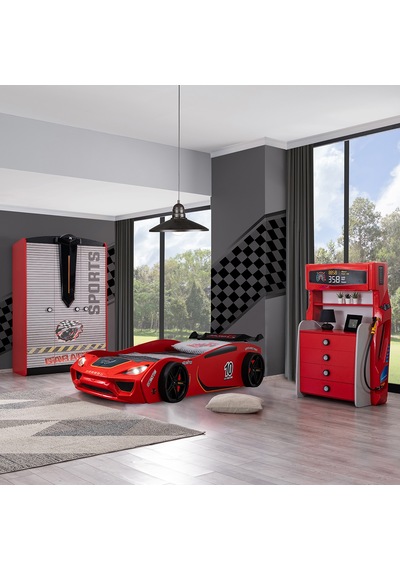 Setaymobilya Sports Çocuk Odası - Vento Arabalı Yatak Dolap Şifonyer - Kırmızı