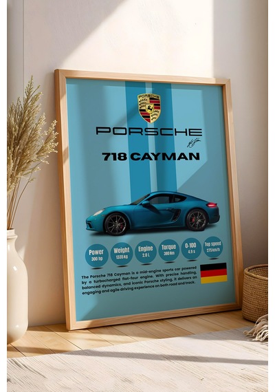 Porsche 718 Cayman Premium Spor Araba Çerçeveli Tablo - Teknik Özellikli Otomobil Sever Duvar Dekoru Kayın Porsche 718 Cayman Premium Spor Araba Çerçeveli Tablo - Teknik Özellikli Otomobil Sever Duvar Dekoru Kayın