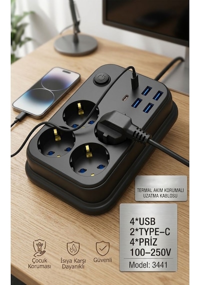 Akım Korumalı 4 Lü Priz 2x Usb-c 4x Usb-a Şarj 2m Kablo Uzatma Çocuk Korumalı Çoklu Priz 2 M