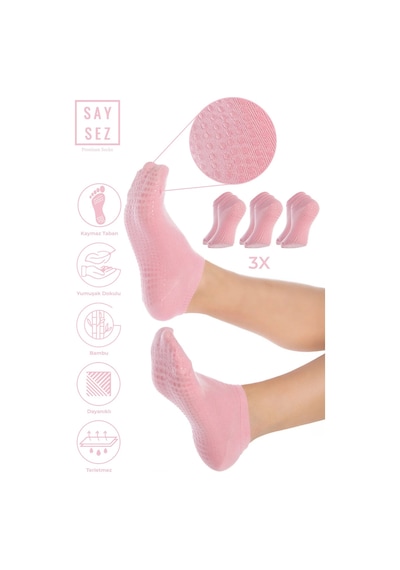 Saysez Bambu Kadın Kaydırmaz Taban Pembe Silikon Baskı Pilates Yoga Fitness Dans Aktivite Patik Çorabı 3'lü Renkli