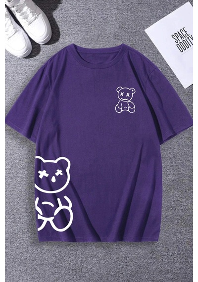 Unisex Draw Bear Baskılı Tasarım Tshirt Mor