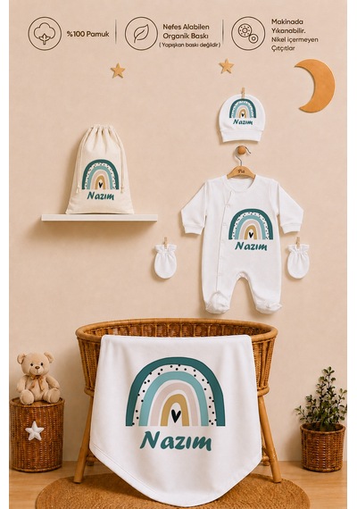 Pia Baby İsme Özel %100 Pamuk Erkek Bebek Yastık Battaniyeli Tulum Set Kese Hediyeli 1092tybk0x Krem